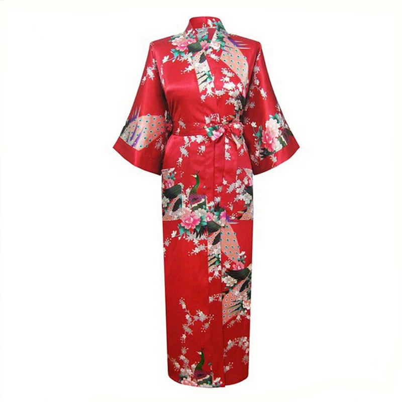 Длинные Стильные Свободные японские атласные Павлин Женская юката платье пижамы Восточный кимоно хаори китайский Qipao ночная рубашка халат - Цвет: Red