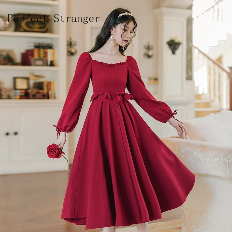 2020 Autumn Winter New Arrival Hot Sale Square Collar Long Sleeve Women Long Dress