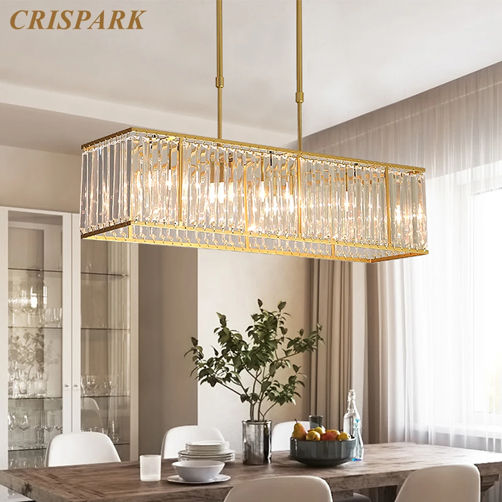 

Contemporary Linear Crystal Chandelier LED Clear Crystal Rectangular Hanging Chandelier Lamp Home Decor Dining Room Lustre Light