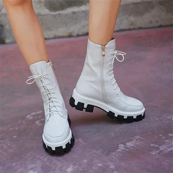 

Ladies Boutique Fashion Leather Winter Round Toe Shoes High Heels Winter White Black Lace Up