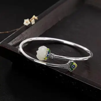

new inlaid lotus natural Hetian white Chalcedony bracelet minority design charm women adjustable brand jewelry
