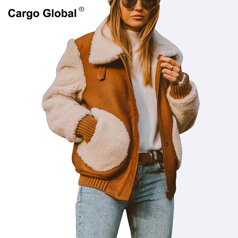 

Autumn And Winter 2019 New Style Lamb Wool Stitching Suede Coat Brown Color Lapel Long Sleeve Short Jacket