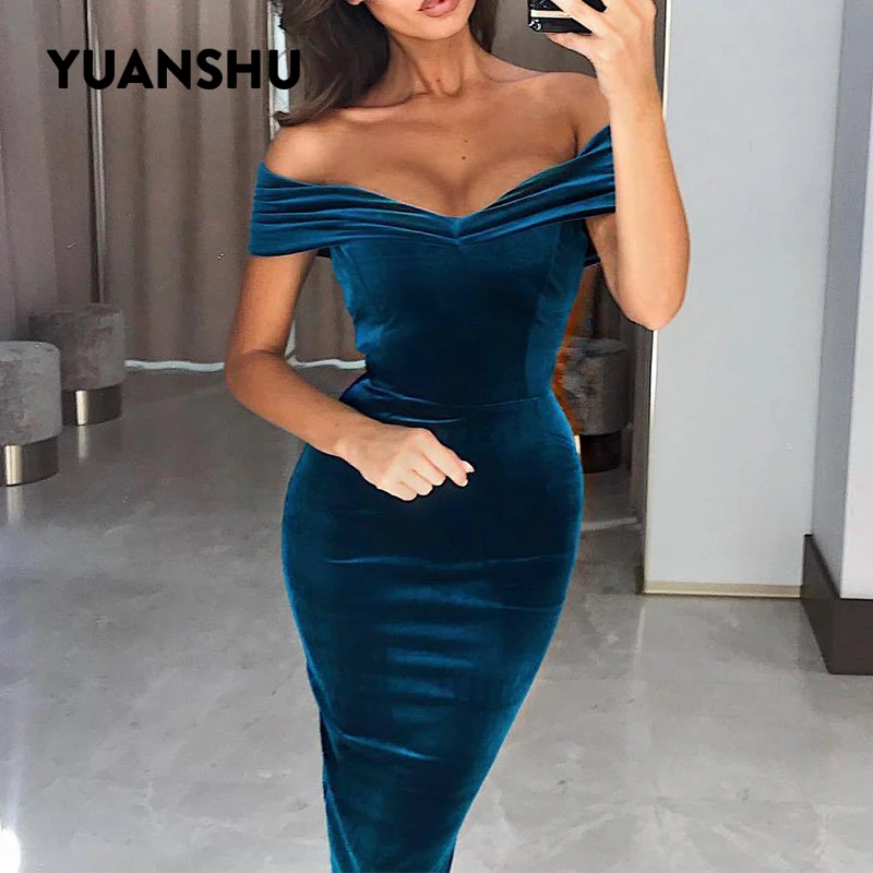 

YUANSHU Sexy Bodycon Party Dress Women Soft Off Shoulder Velet Autumn Dress Ladies Elegant Slim fit Sleeveless Midi Dress
