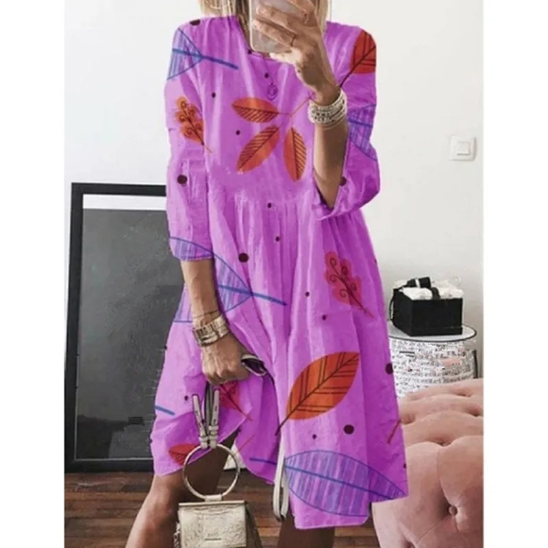 purple red GAOKE свободное расклешенное платье с круглым вырезом на спине элегантное женское летнее платье уличная одежда с принтом в виде голубых листьев - Цвет: purple red
