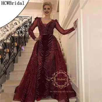 

Burgundy Dubai Evening Dress Long Sleeves Mermaid 2020 Luxury Rhinestones Mermaid Arabic Prom Party Dresses Customize New Design