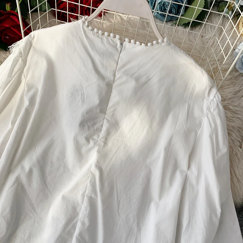Новинка, длинная свободная рубашка с длинными рукавами, женская блузка с кисточками, вязаная крючком, белая Повседневная винтажная блузка, топы J887