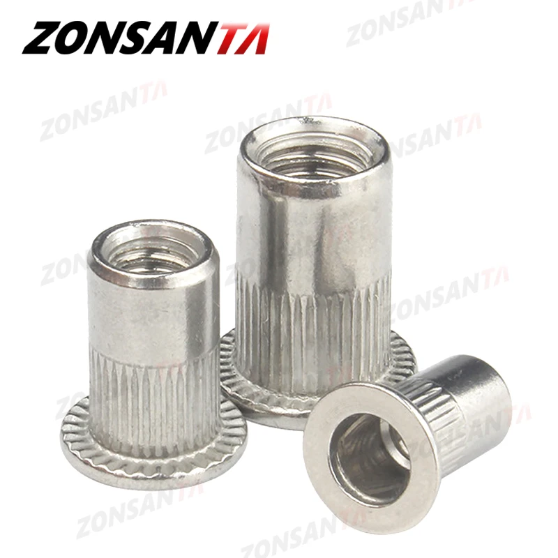 ZONSANTA 리벳 너트 304, 스테인리스 스틸 M4 M5 M6 M8 M10 리벳 너트, 플랫 헤드 스레드 리벳 인서트 너트서트 캡, 천공 리벳 너트