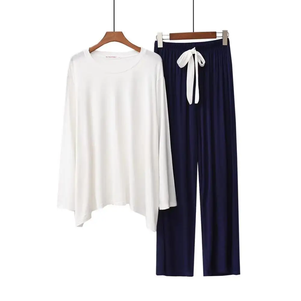 Осень-зима, новая женская пижама, новая модель, с круглым вырезом, с длинными рукавами, штаны и широкие штаны, цветной домашний костюм пижама - Цвет: Белый