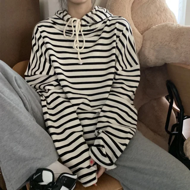 Striped Women Hoodies Sweatshirt Autumn Female Hooded Tops Casual Long Sleeve Ladies Pullovers Harajuku Basic Woman Hoodies white