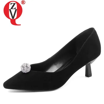 

ZVQ spring new fashion women pumps outside high heels square toe shallow crystal kid suede women shoes drop shipping size 32-40