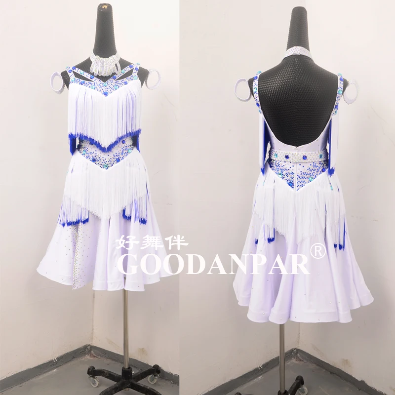 

Latin dance dress latin costume open back chacha dance dress color white fringe size custom make color