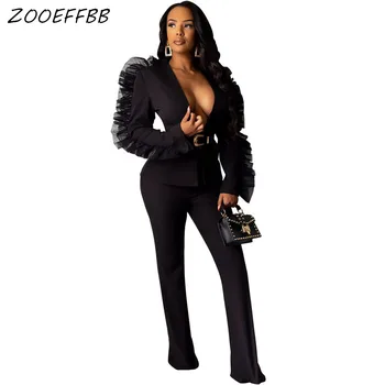 

ZKYZWX Two Piece Set Women Fall Winter Clothes Ruffle Long Slleve Blazer Top and Pant Suit Sexy 2 Piece Outfits Matching Sets
