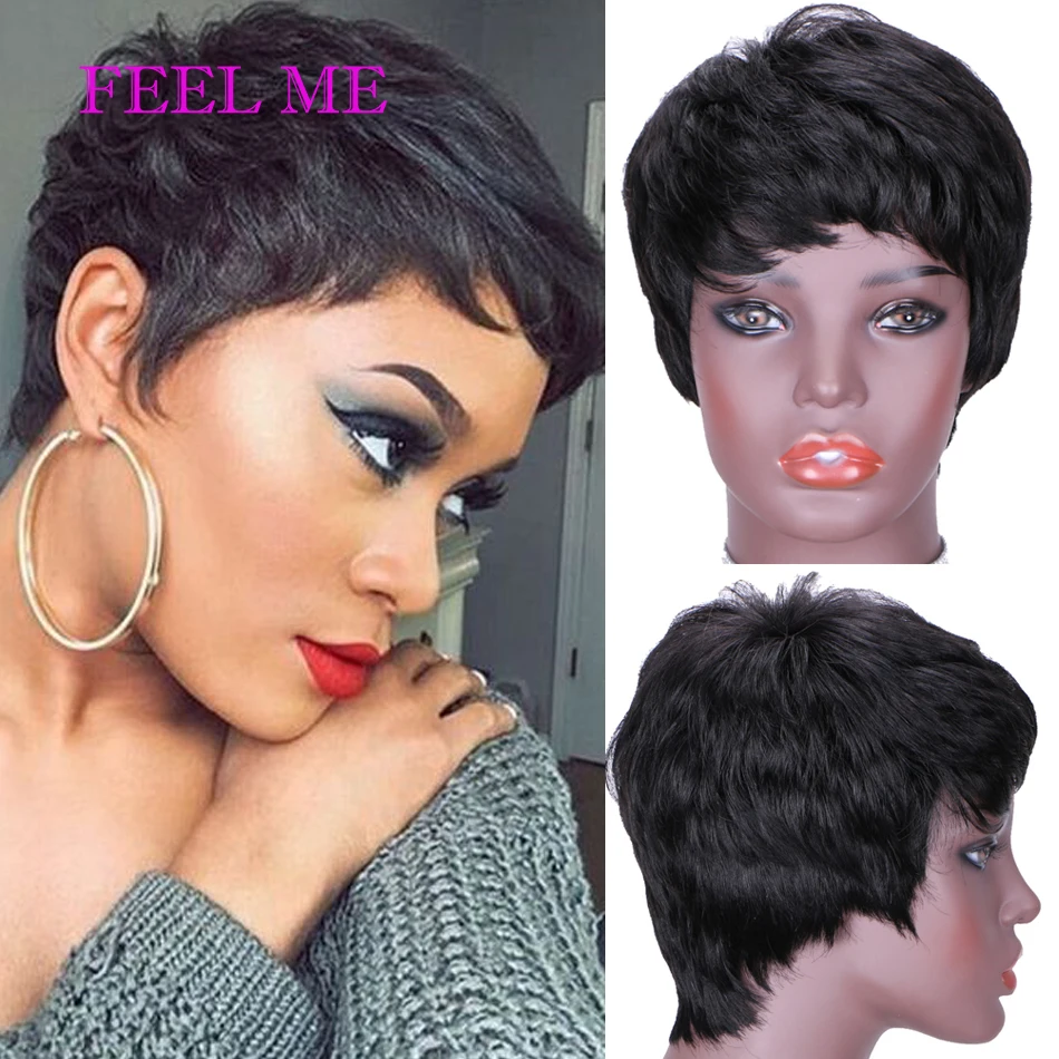 

FEEL ME Pixie Cut Wig Short Straight Natural Wavy Wigs Full Machine Made Human Hair Wigs For Office Lady Fashion and Concise