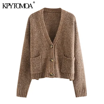 

KPYTOMOA Women 2020 Fashion Pockets Cropped Knitted Cardigan Sweater Vintage V Neck Long Sleeve Female Pullovers Chic Tops