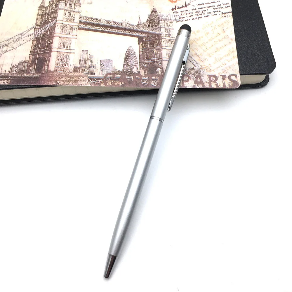1 шт. креативные 2 в 1 металлические маленькие шариковые ручки Канцелярские Шариковые Ручки стилус ручка для сенсорного экрана 12 цветов масляная черная заправка 0,7 мм - Цвет: 9 silver