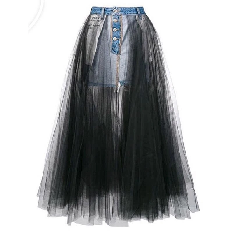 patchwork denim maxi skirt