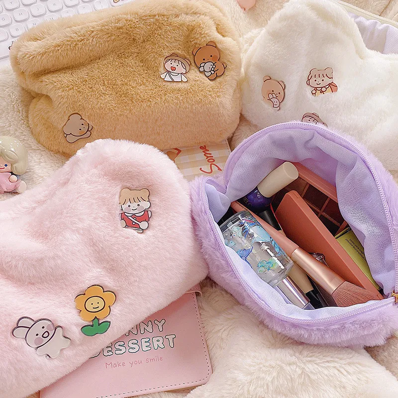 【Happier】 Plush Cosmetic Bag Korea Student School Pencil Case Girls Large Capacity Storage Bag Women Travel Makeup Pouch Holder Girls Gift. 