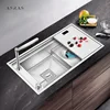 Three Cover Hidden Step Kitchen Sink 304 Stainless Steel 4mm Thickness Handmade Brushed Cloaking Innovative Kitchen Sinks 1