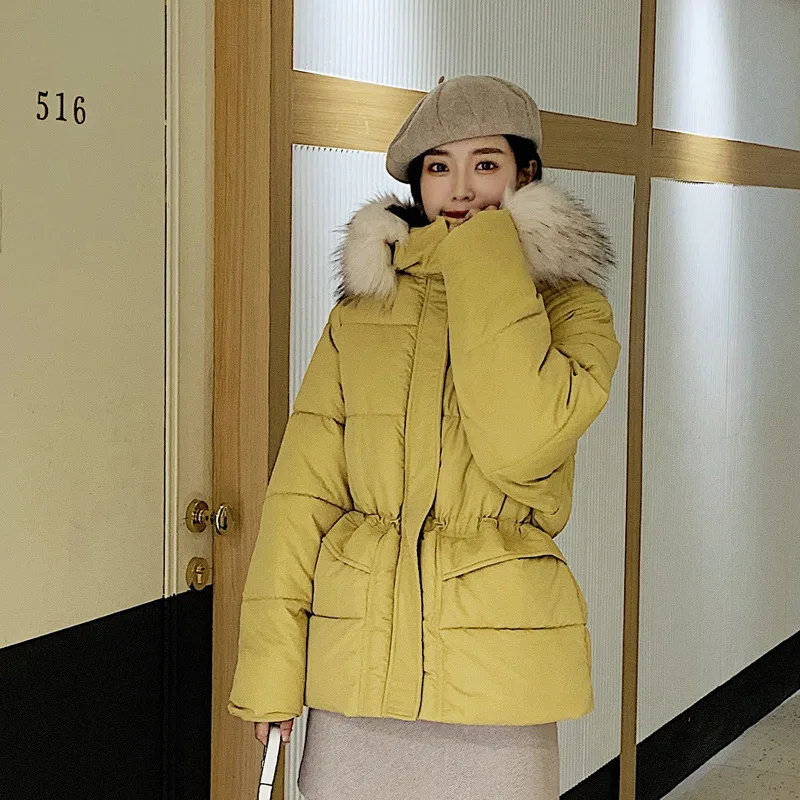 

2019 Winter New Style Best Friend-Korean-style Hooded Large Fur Collar CHIC down Jacket Cotton-padded Clothes Coat Warm Waist Hu