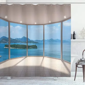 

Empty Modern Lounge Area with Large Window and Sea View Contemporary Fabric Bathroom Decor Set with Hooks