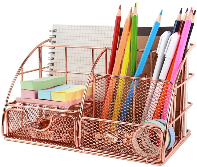 Rose Gold Desktop Organizer For Women, Cute Desk Caddy Mesh Desk