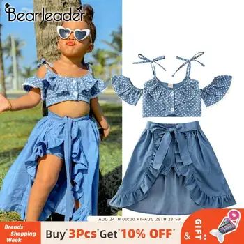 

Bear Leader 3Pcs Toddler Baby Kid Girl Clothes Sets Summer Polka Dots Off Shoulder Tops and Ruffle Skirts and Shorts Clothes