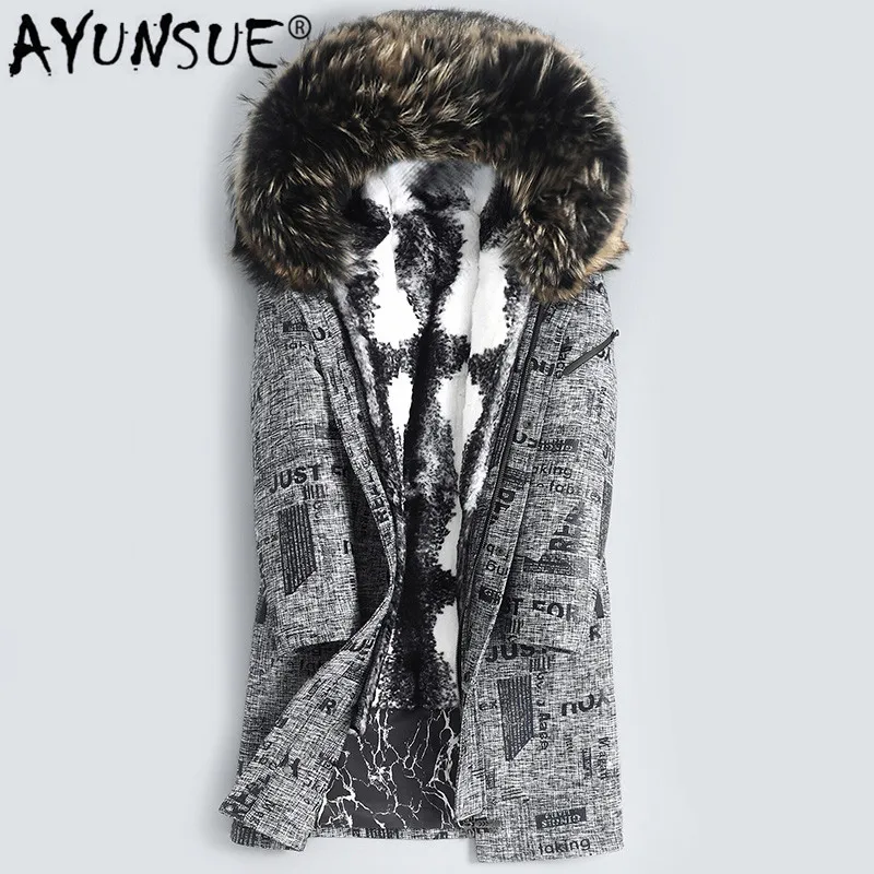 AYUNSUE парка пальто с натуральным мехом мужская одежда натуральный мех кролика подкладка теплая длинная куртка енот меховой воротник парки 4438 KJ2985 - Цвет: Grey