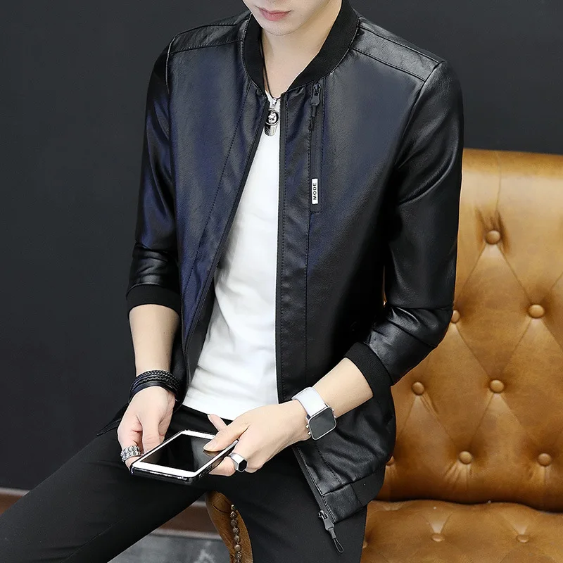 

2018 Autumn And Winter New Style Men'S Wear Korean-style Slim Fit Leather Coat Baseball Uniform Coat Men Casual Leather Coat Fas