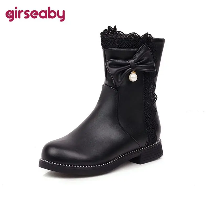 

Girseaby Round Toe Platform Flat Solid Faux Leather Warm Short Plush Butterfly-knot Zipper Boots Size 34-39 Black White Casual