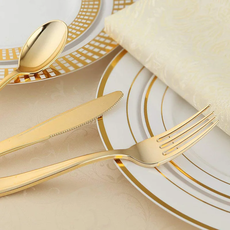 75 шт одноразовые пластиковые столовые приборы золотой набор посуды для свадебной вечеринки столовый нож вилка ложка День рождения Рождество столовые приборы