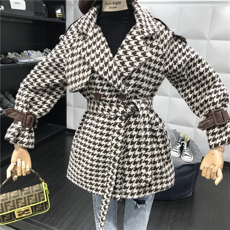 Корейское Новое модное шерстяное пальто осень и зима ретро большой отворот твид гусиные лапки утолщаются пояса лук пальто для женщин