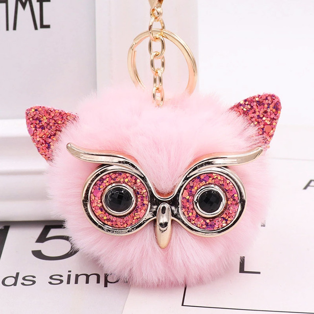 Cute Sequin Ears Owl Keychain Fluffy Artificial Rabbit Hairy Pom-pom Keychain Women's Shoulder Bag Owl Pendant Key Ring