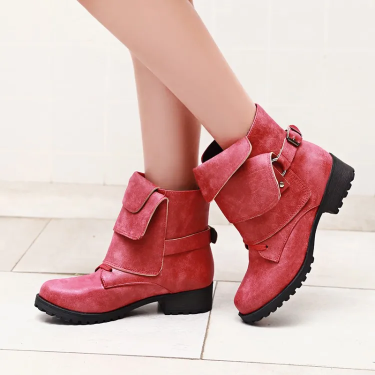 

Round Toe PU Fashion Ankle Boots Women Low Buckle Rivet Solid Chelsea Boots Flat With Casual Zip Winter Shoes Plus Size
