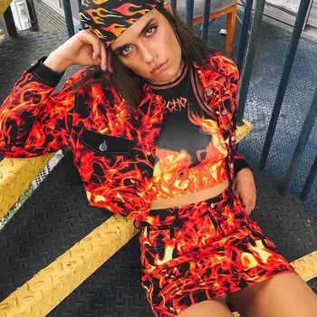 

Punk Style Fire Pattern Womens 2 Piece Sets Flame Short Coat Women Long sleeve jacket and short skirt Set Top Autumn2020 New