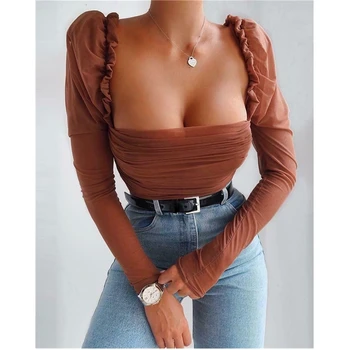 

2019 Fashion Trend Women Sexy Casual Top Solid Mesh Patchwork Long Puff Sleeve Ruched Autumn Pre-fall New Skinny T-shirts Tees