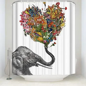 

Happy Elephant Art in White Shower Curtain Custom Design, Waterproof Polyester Fabric Bathroom Set for Childrens/Kids/Teens