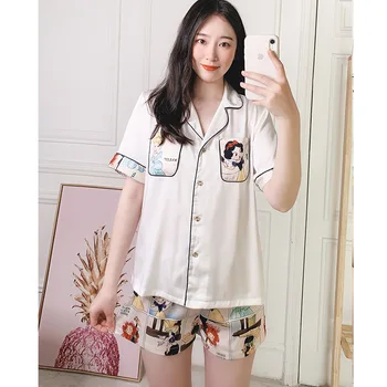 

2020 Summer Short Sleeve Silk Pajama Set Turn-down Collar Nightgown Cute cartoon Print Sleepwear shorts autumn Nightsuit