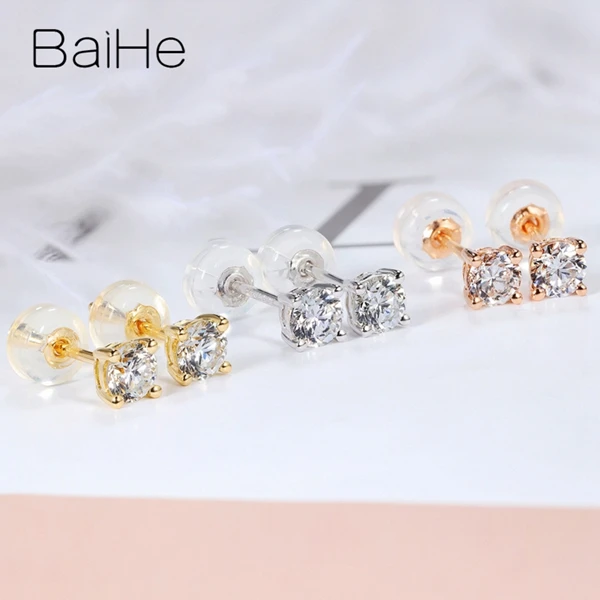 BAIHE Solid 14 К желтого золота 0.20ct H/SI 100% из натуральной бриллиантами свадебные Мода Fine Jewelry уникальный элегантный серьги-гвоздики