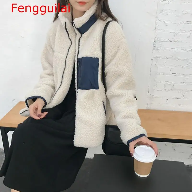 

Fengguilai 2020 Autumn Winter New Women Coat Loose Sweet Wild Fashion Patchwork Full Sleeve Preppy Style Pockets Female Coats