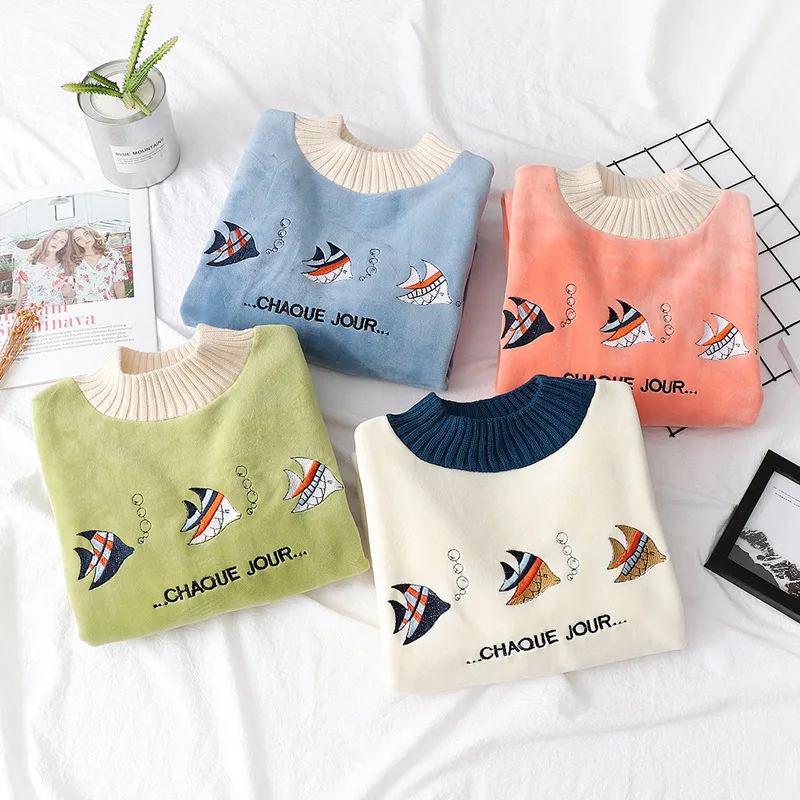 VEVEFHUANG Autumn Winter New Loose Velvet Hoodies Women Fish Embroidery Sweatshirts Female O-Neck Long Sleeve Warm Pullovers