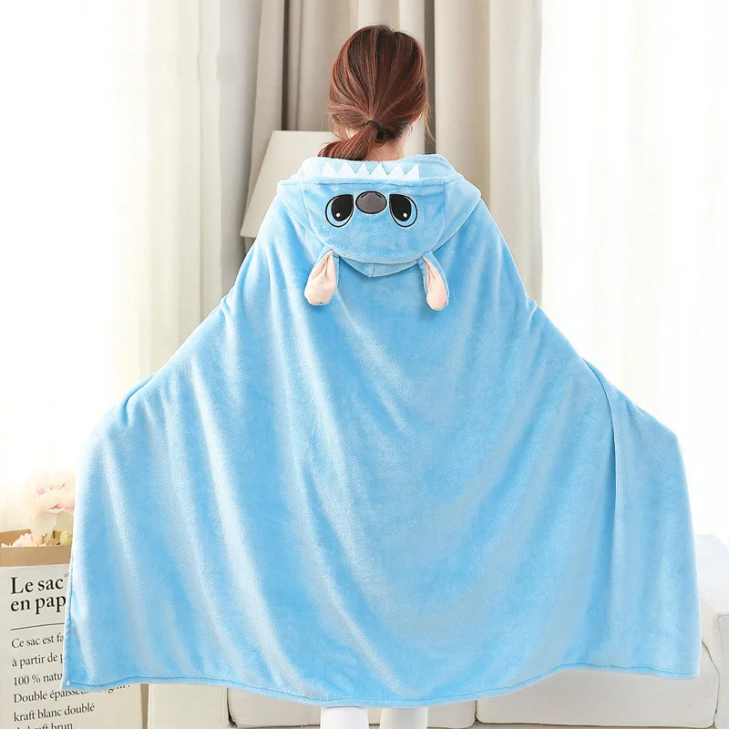 

2023 Disney Cute Blue Stitch Cosplay Cloak Blanket with Hooded Coral Fleece Cape Warm Throw Blankets 110x165cm
