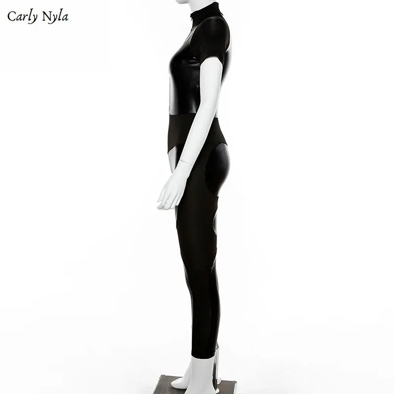 Carly Nyla Женский Повседневный комбинезон на молнии с высоким воротником и коротким рукавом черный красный лоскутный комбинезон с высокой талией облегающий боди
