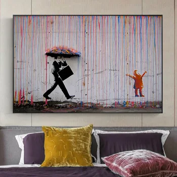

Abstract People Under Colourful Rain Street Art Painting Poster And Prints Graffiti Wall Picture For Living Room Home Decoration
