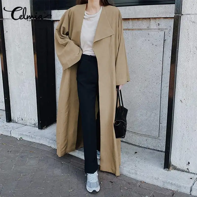 5XL Celmia de talla grande moda mujer Trench 5XL Otoño Invierno manga larga cazadora de solapa Casual suelta sólida Elegante ropa de abrigo