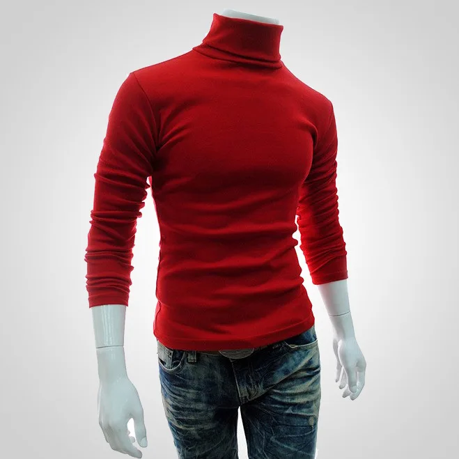 Мужской вязаный свитер с высоким воротом, Осенний Повседневный однотонный тонкий свитер, мужской бренд, модные пуловеры с длинным рукавом, мужская одежда - Цвет: red