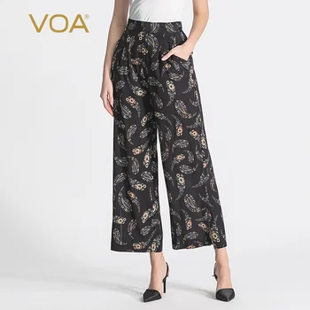 

VOA Silk Black Printing Elastic xie cha Pocket Education Grams Pleated Hem Slit Wild Retro Straight Trousers KH05
