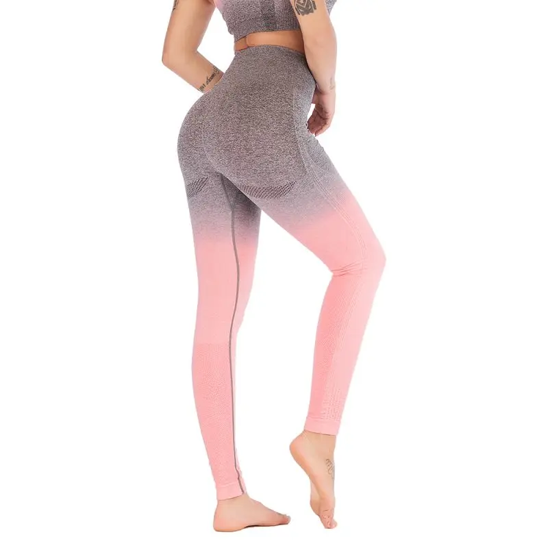 Женские брюки для йоги, градиентного цвета, с высокой талией, бесшовные, обтягивающие, для йоги, фитнеса, бедер, упражнений, девять штанов 0738
