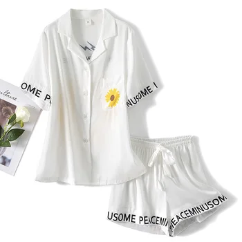 

Cute Print Pajamas Set Sexy Ladies Nightsuits Pyjama Homewear Summer Silk Satin Short Sleeve Shorts sets Sleepwear