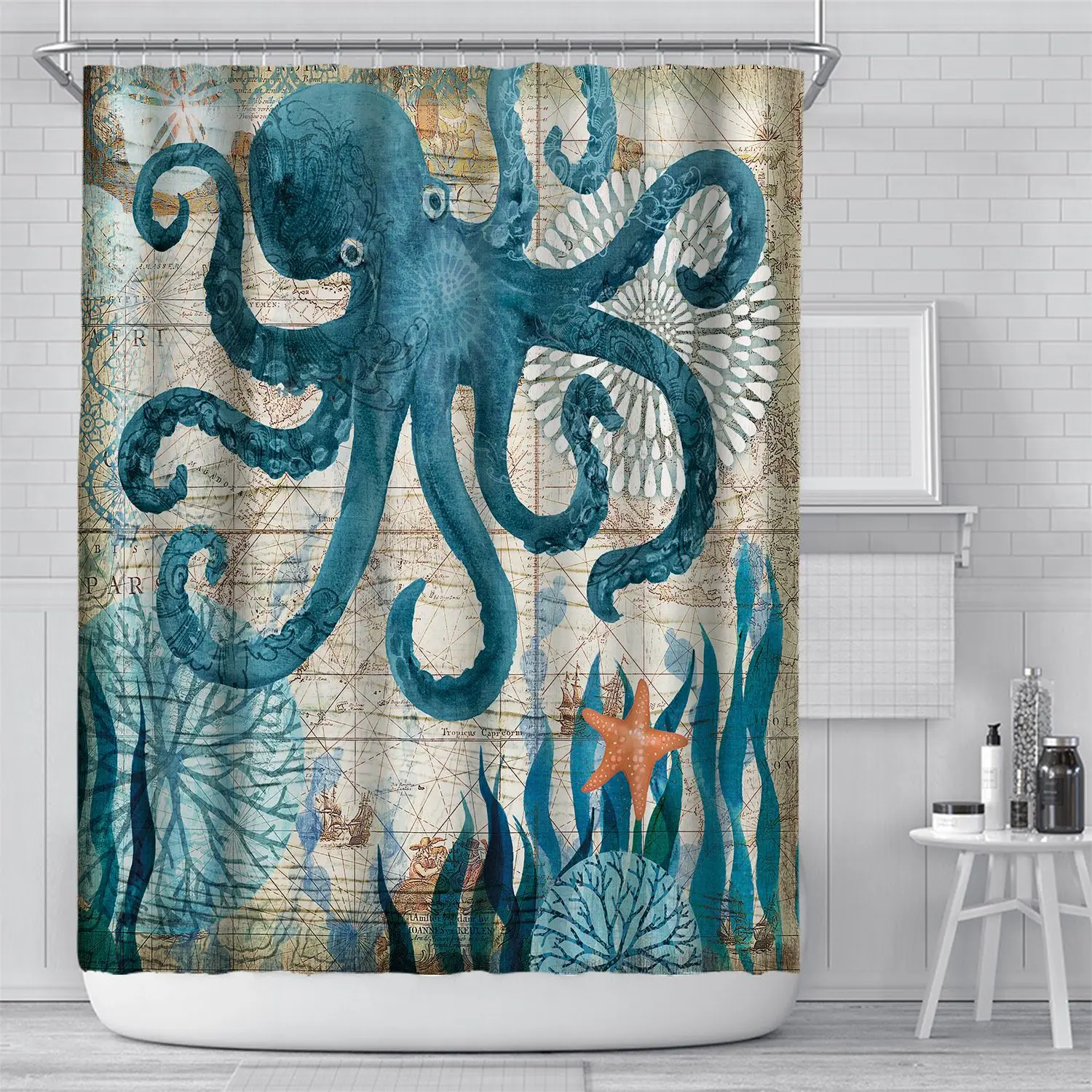 Ocean Shower Curtain Hooks Rings - Rust Proof Shower Curtain Hangers Set of  12, Silver Starfish Seahorse Turtle Octopus Sea Animals Decorative