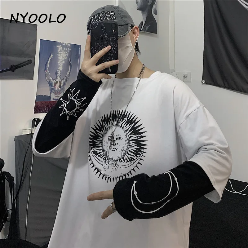 NYOOLO Harajuku уличная Женская толстовка с принтом из двух частей Лоскутная свободная футболка с длинными рукавами и круглым вырезом Женская Мужская одежда топы